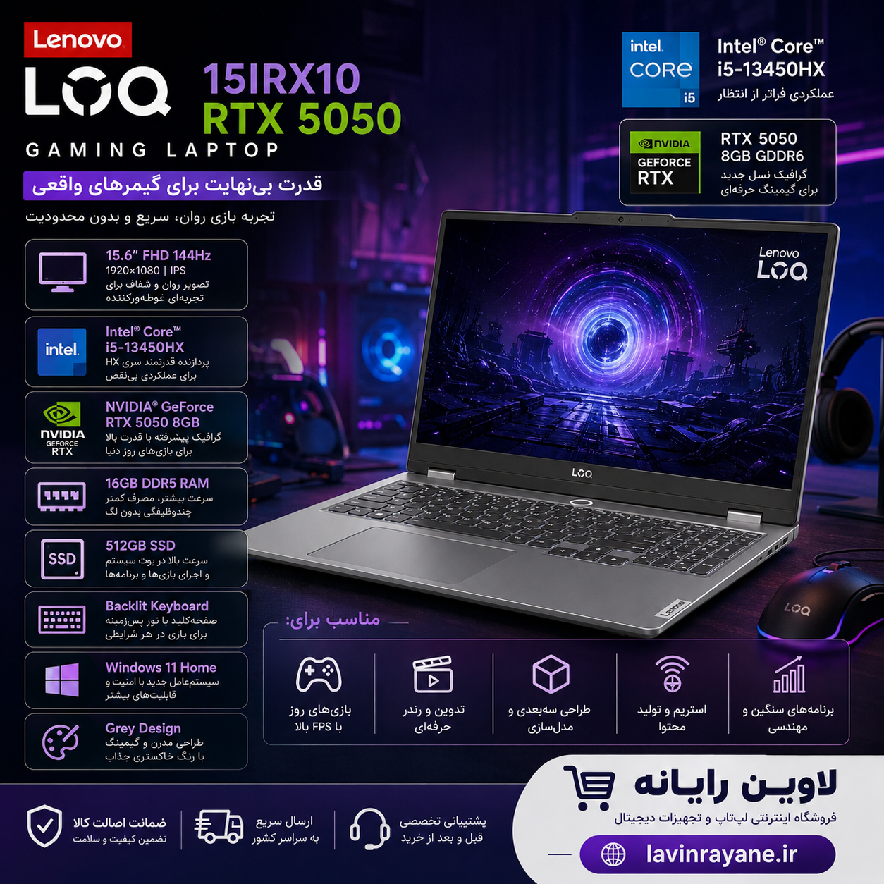 لپ تاپ لنوو مدل Lenovo LOQ 15IRX10 RTX 5050 Core i5-13450HX